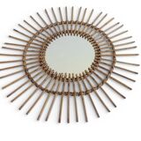 Mid Century Organic Modern Bamboo & Rattan Sunburst Patinated Mirror, 1960s