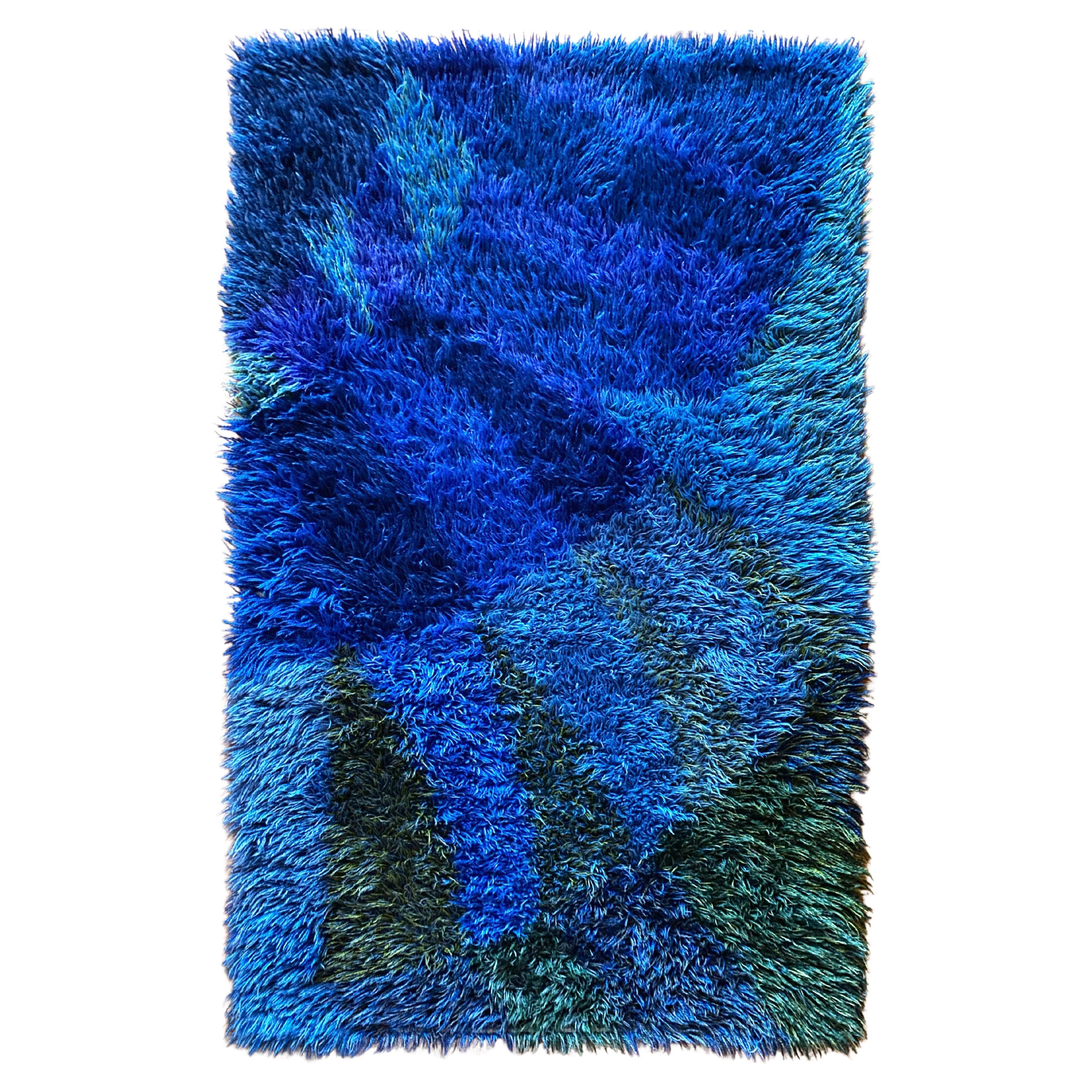 Mid-century Modern High Pile Blue Rya Rug, Sweden, 1960s