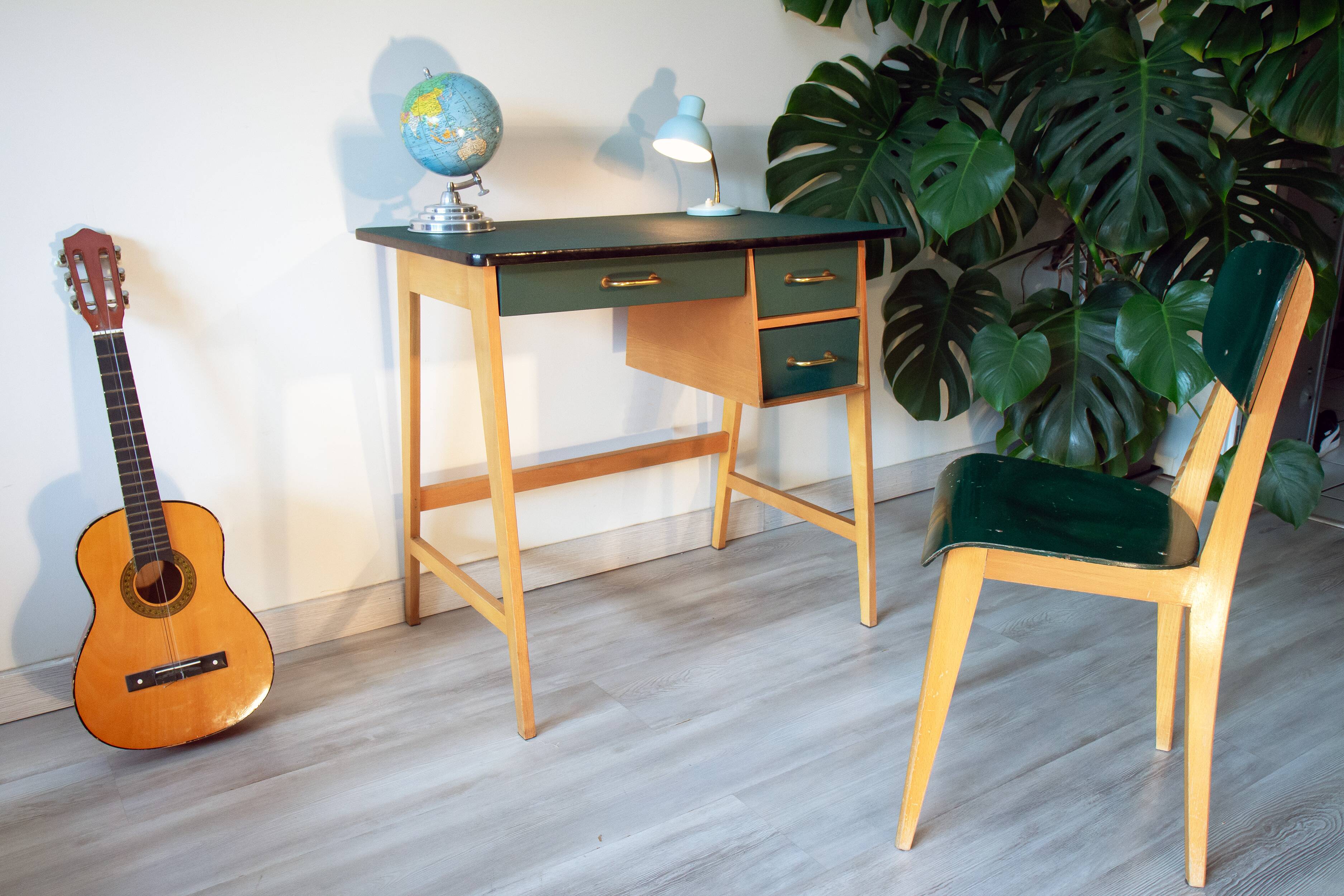 Desk and its green and wood chair, 1950s