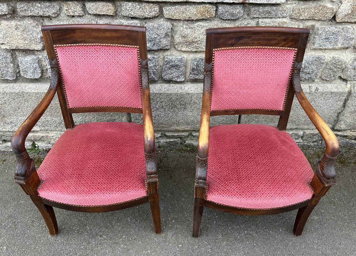 Pair of Empire armchairs, Consulate, walnut and velvet, 19th century.