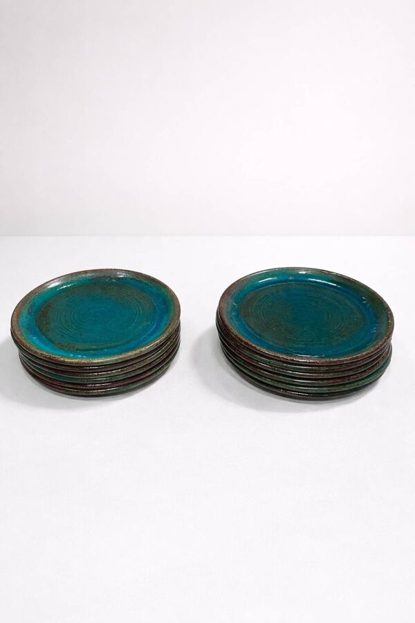 Lot de 6 assiettes en grès signé Tournay – Émail turquoise – Vintage années