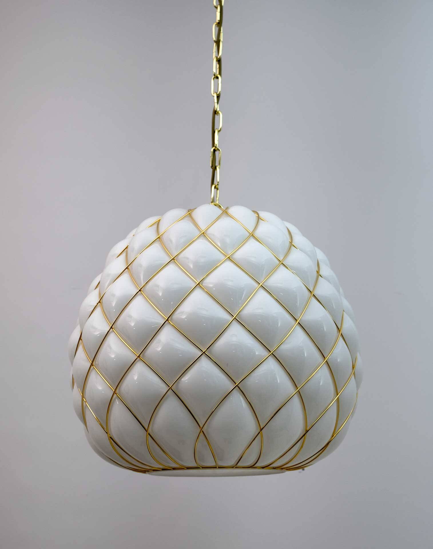 Modern Brass and Caged Murano Glass Large Pendant Lamp Fontana Arte Style