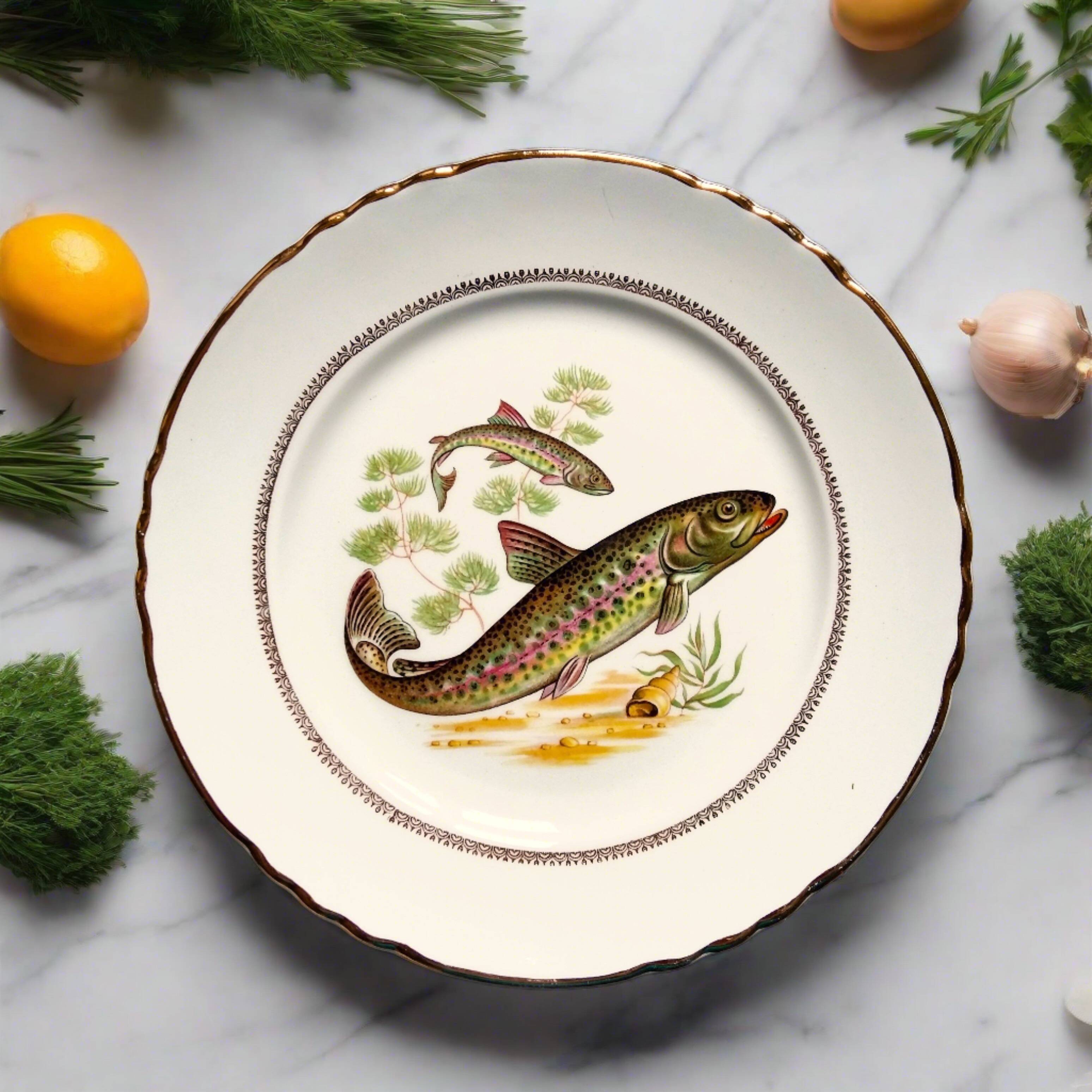 Six Vintage Fish Plates by Moulin des Loups. French Fish Plate Set. Fish Dinnerware Set.