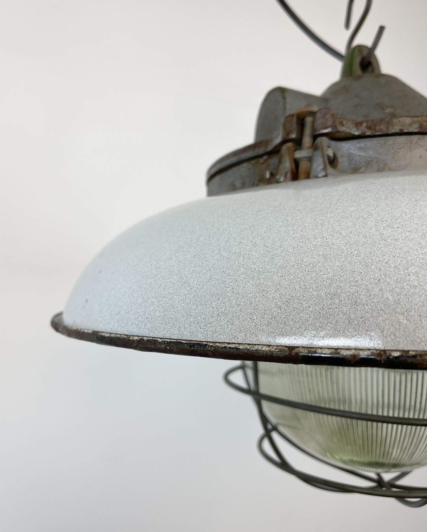 Industrial Grey Enamel Factory Cage Pendant Lamp in Cast Iron from Zaos, 1960s