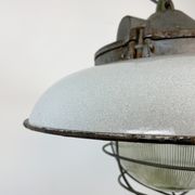 Industrial Grey Enamel Factory Cage Pendant Lamp in Cast Iron from Zaos, 1960s