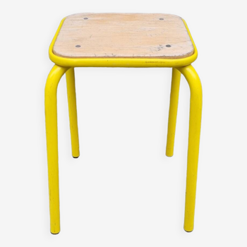 Industrial stool, square, yellow. wood and metal, vintage