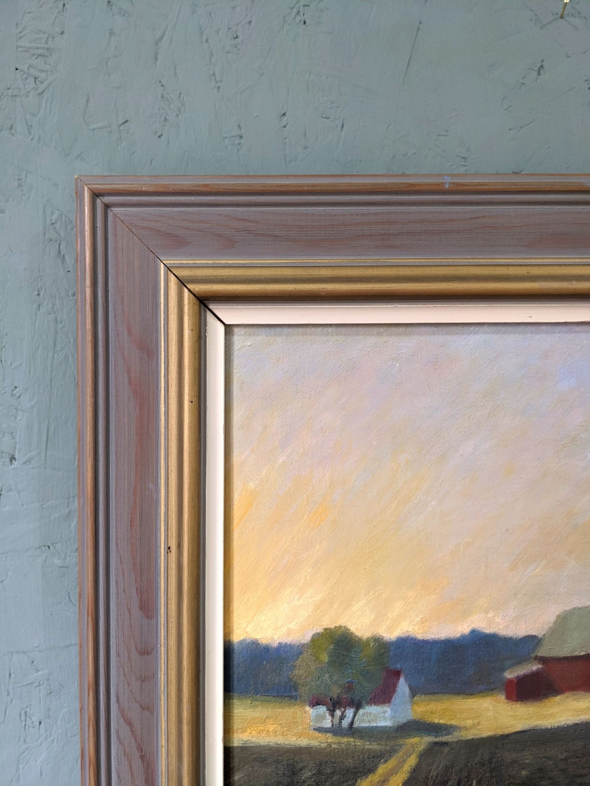 1992 Vintage Modernist Swedish "Sunset Fields" Rural Landscape Oil Painting, Framed