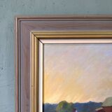 1992 Vintage Modernist Swedish "Sunset Fields" Rural Landscape Oil Painting, Framed