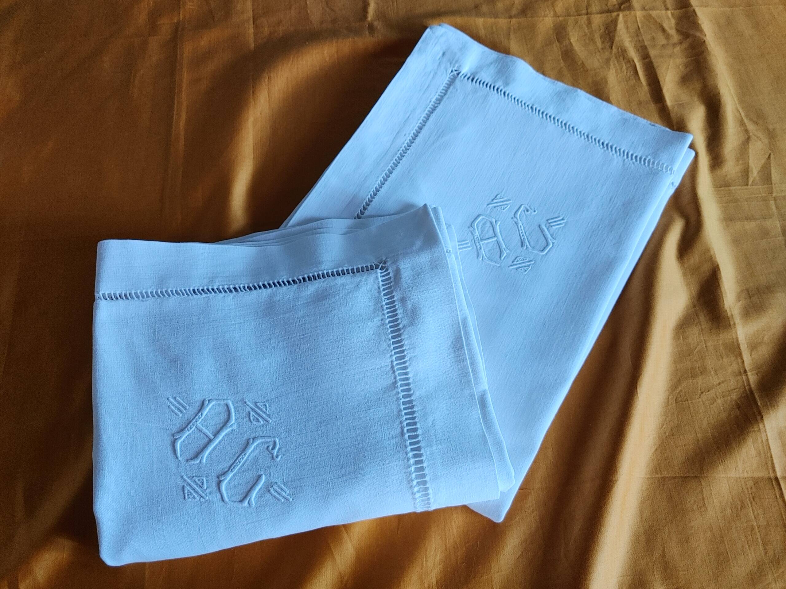 Pair of old linen & cotton pillowcases - AC monogram - never used
