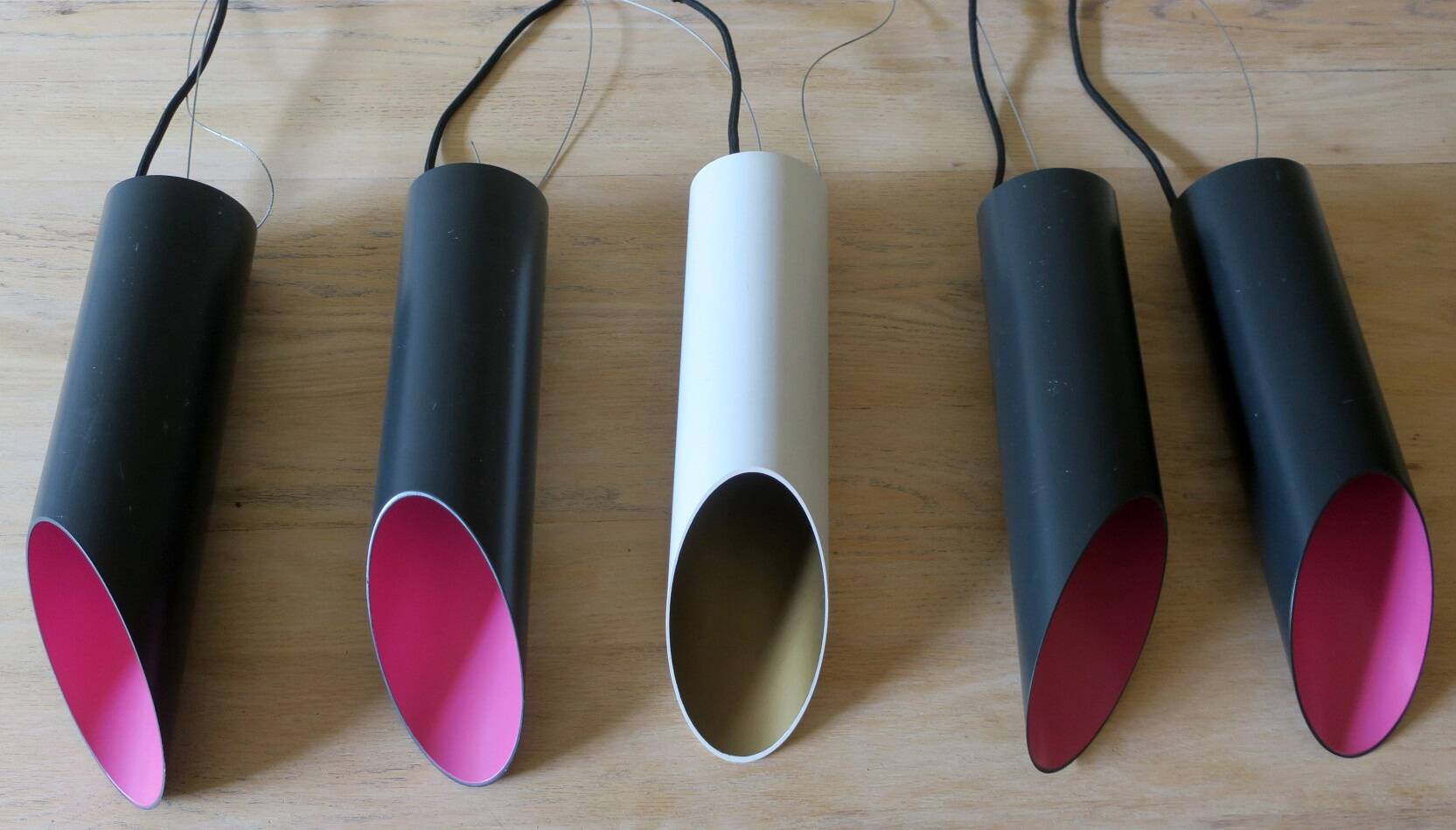 Set of 5 multicoloured cylindrical bar pendant lights, 1970s