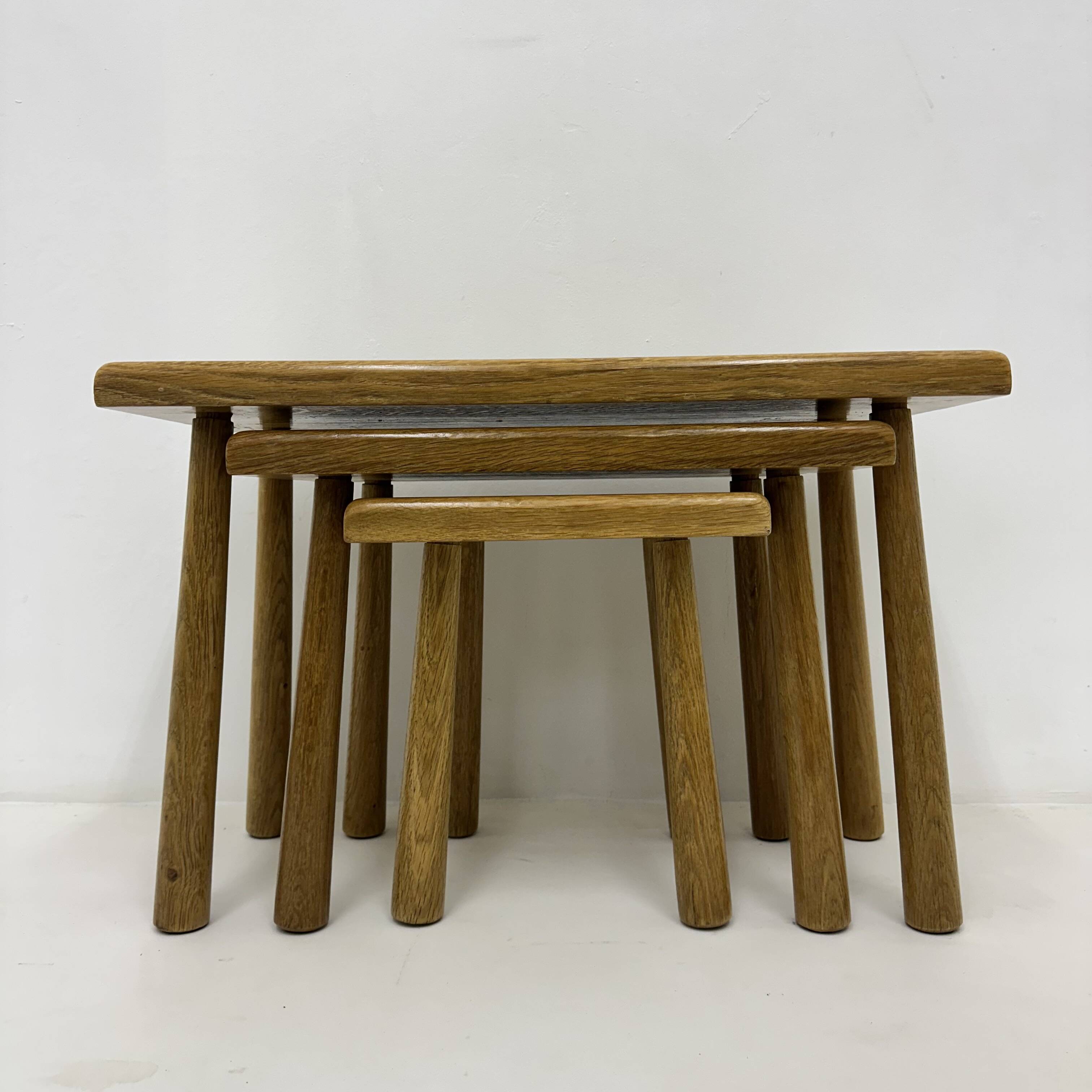 Set of nesting tables solid oak wood brutalist , 1970s