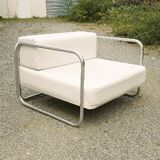 Chrome-designed chair and faux white leather 1970