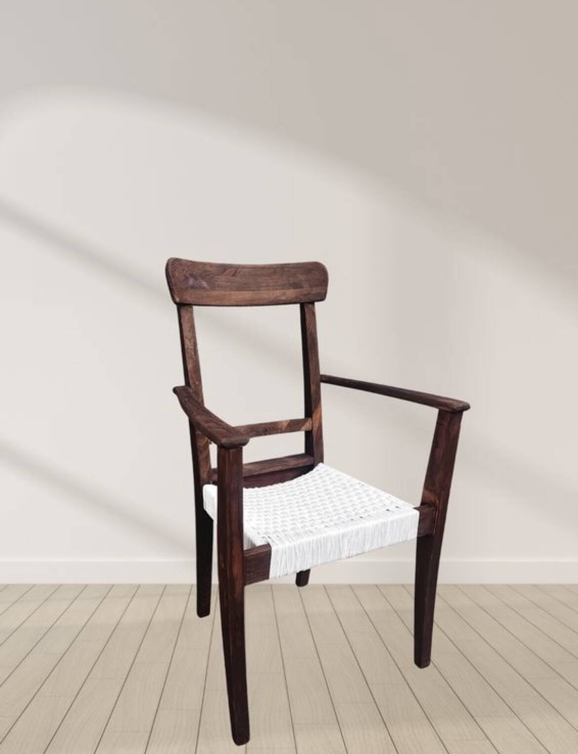 Scandinavian chair in wood and woven natural fibre.