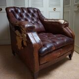 Worn Leather Buttoned Library Fireside Armchair, 1840's