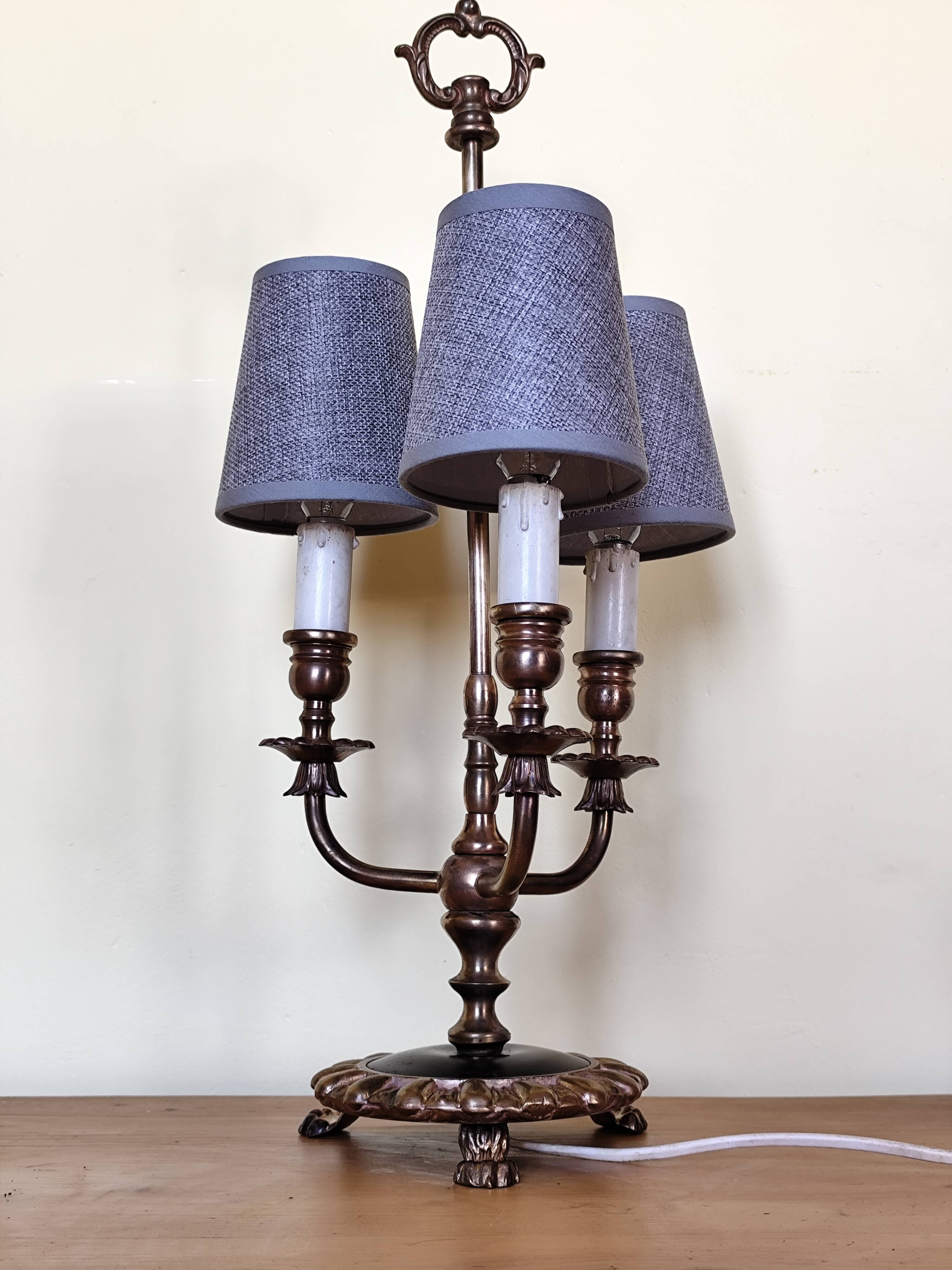 three-light candelabra lamp in metal and gilded brass, bouillotte lamp