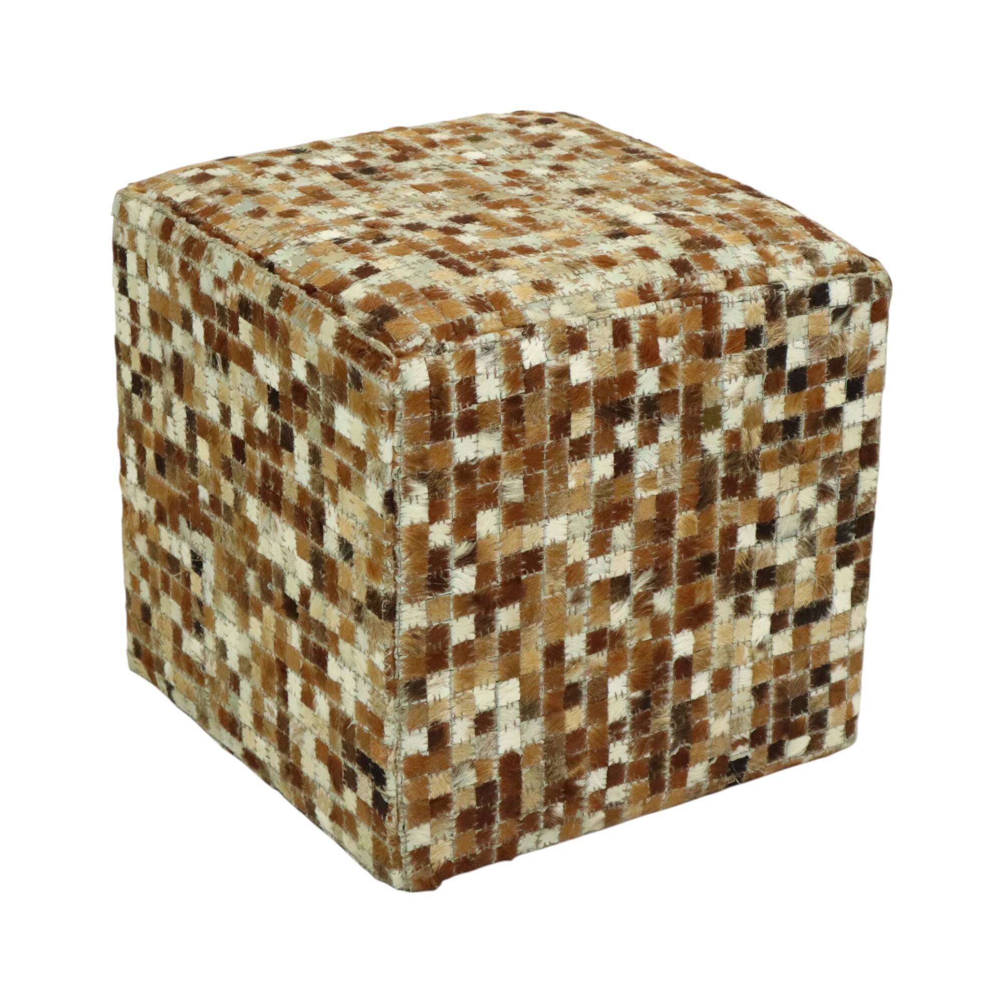 Vintage Square Pouf Goat Leather Patchwork Mosaic Pattern
