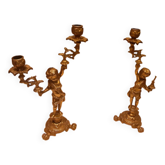 Pair chandeliers bronze dore cherubs putti