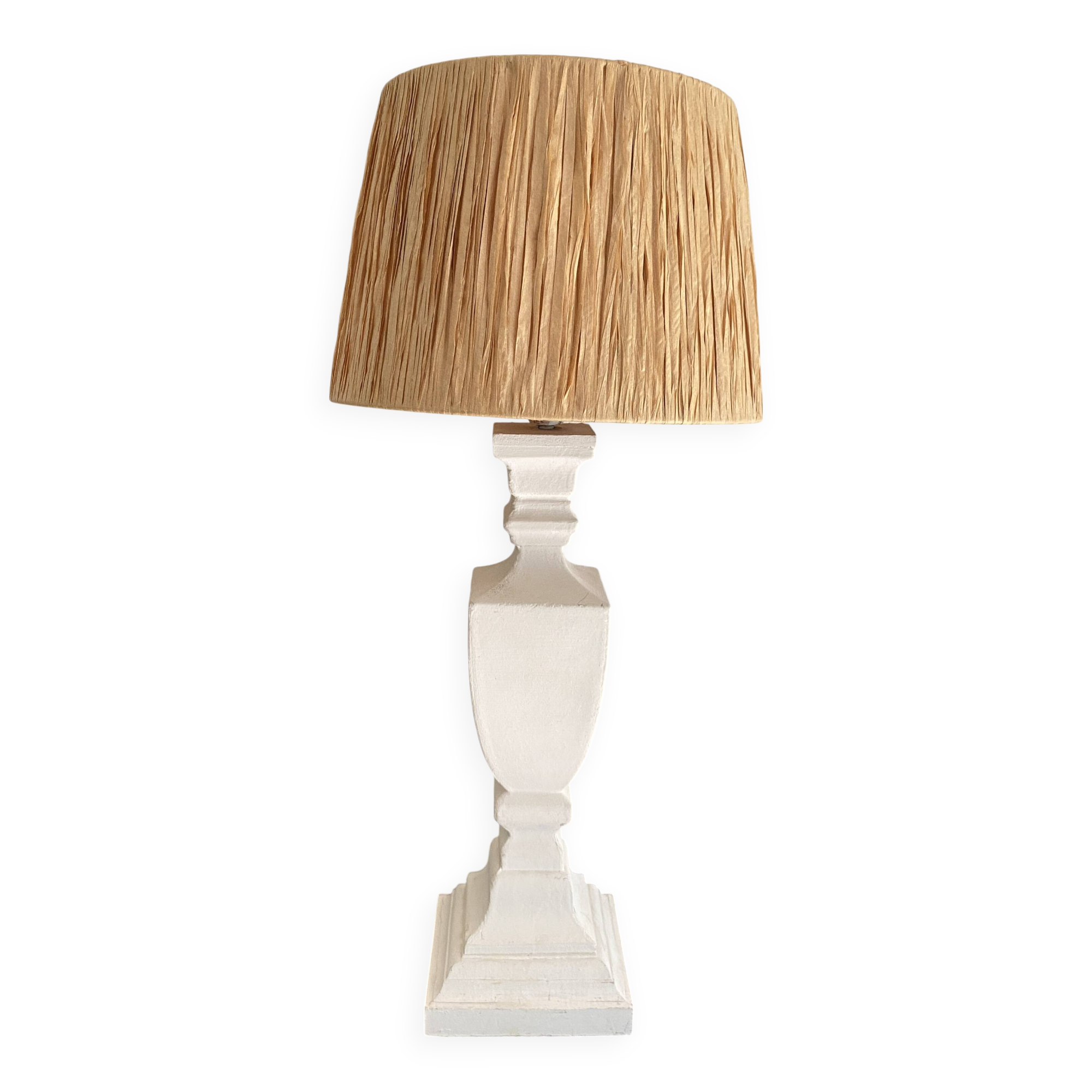 Lampe bois et plâtre, câble 2M neuf, abat-jour rafia