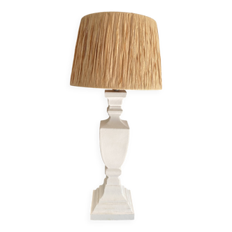 Wood and plaster lamp, new 2M cable, raffia lampshade