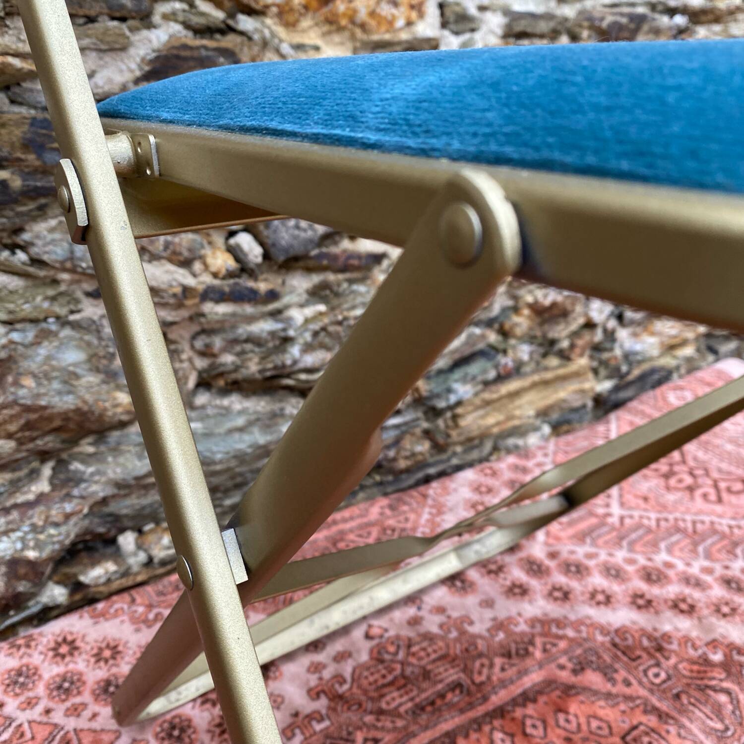 Folding chair in gold-tone metal and velvet, 1960s-70s