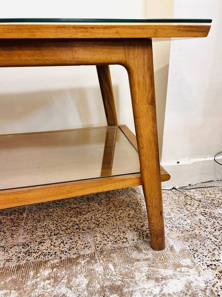 Vintage Scandinavian wood and glass coffee table