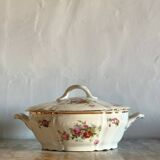 Antique porcelain soup bowl with floral decoration and golden border