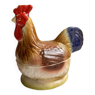 Terrine Michel Caugant rooster or hen in polychrome earthenware