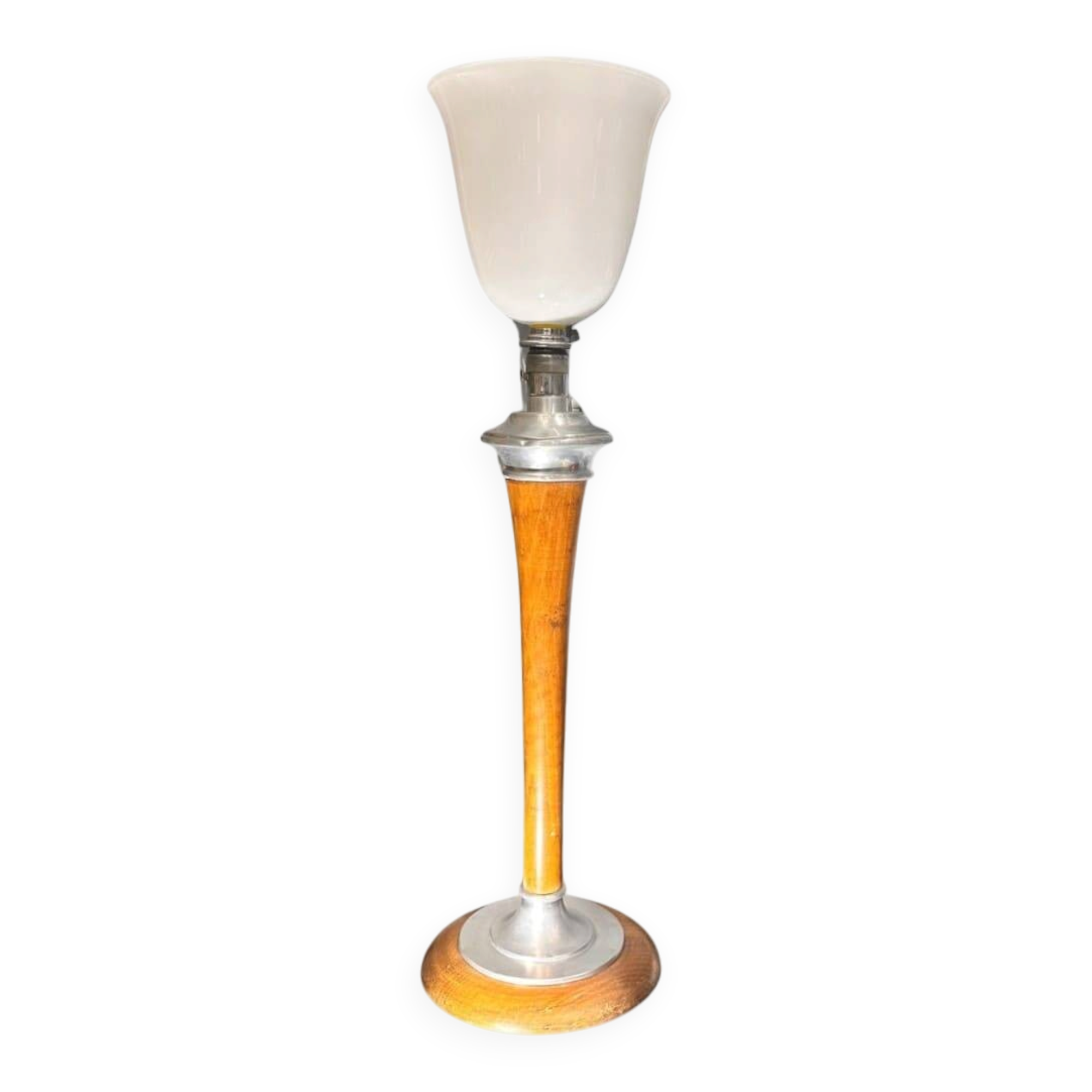 Lampe de table, bois et verre opalin, mazda, art déco, années 20 – france