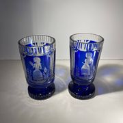 Bohemian crystal, set of 2 cobalt blue cut double glasses, ca 1900
