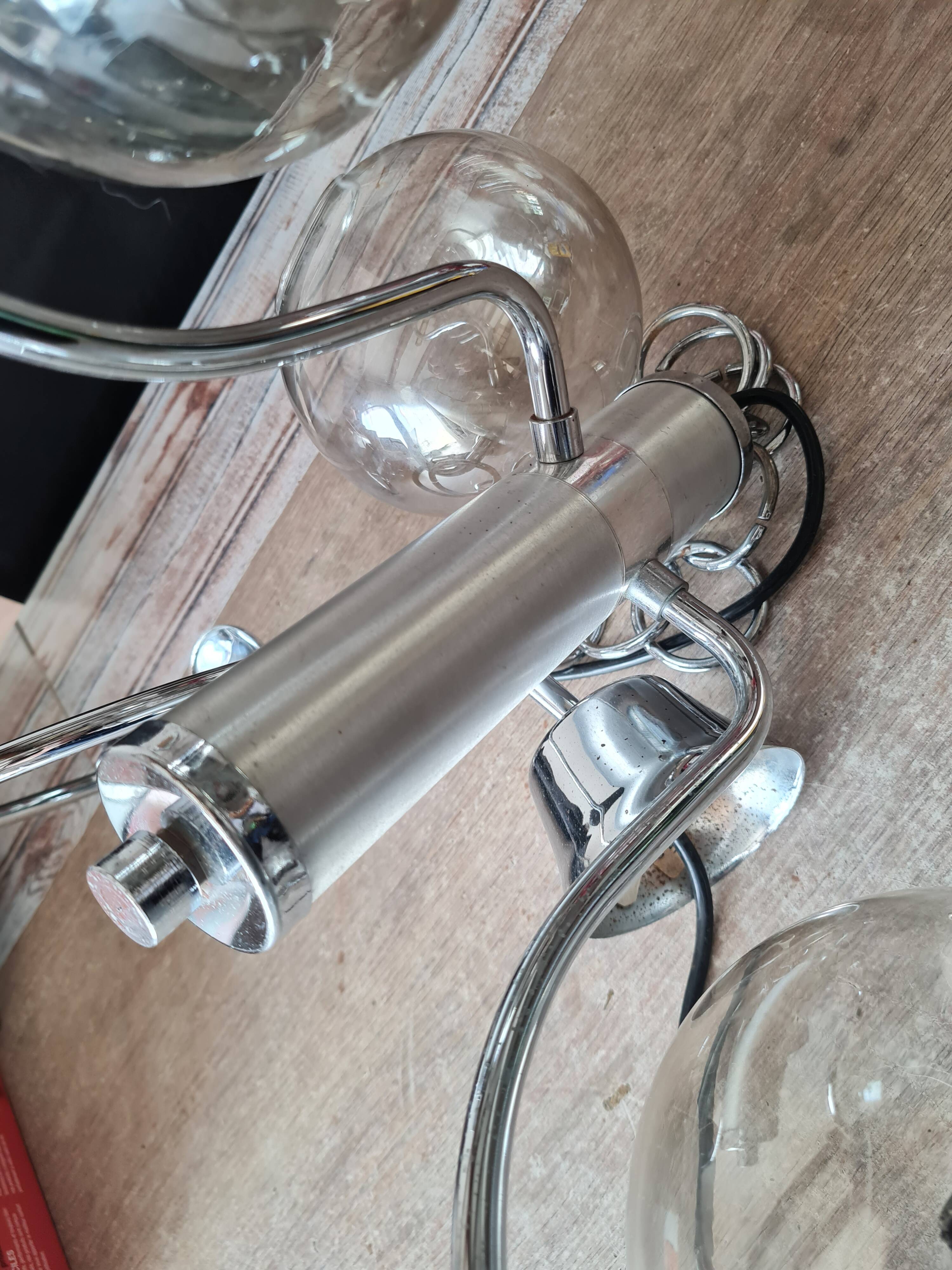 Chandelier with chrome metal frame from the 70s, 3 smoked globes