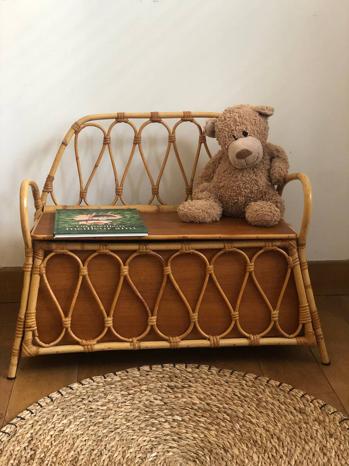 Vintage rattan storage bench for children, 1960s