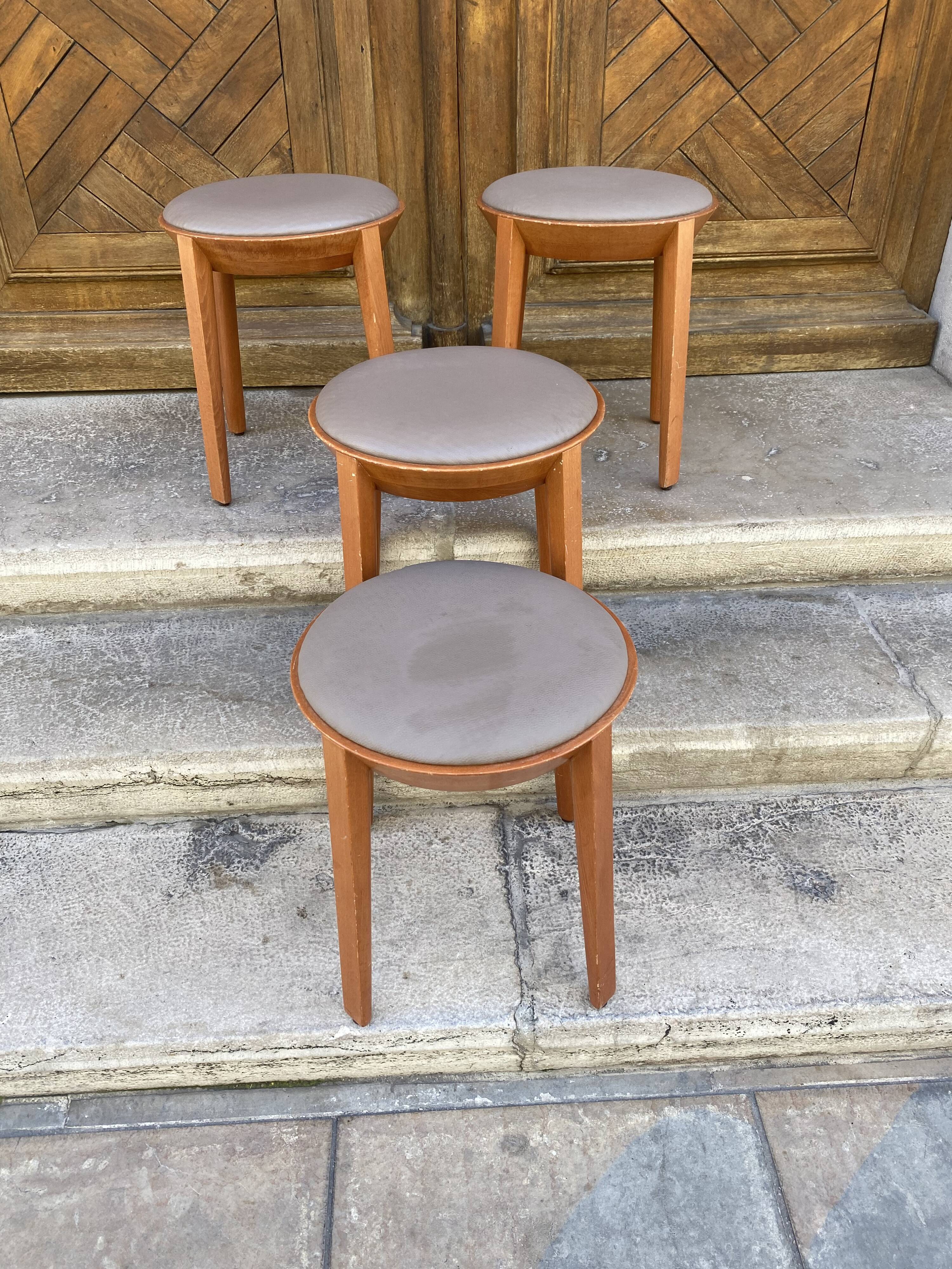 Set of 4 stools in beech and gray Skai 1980