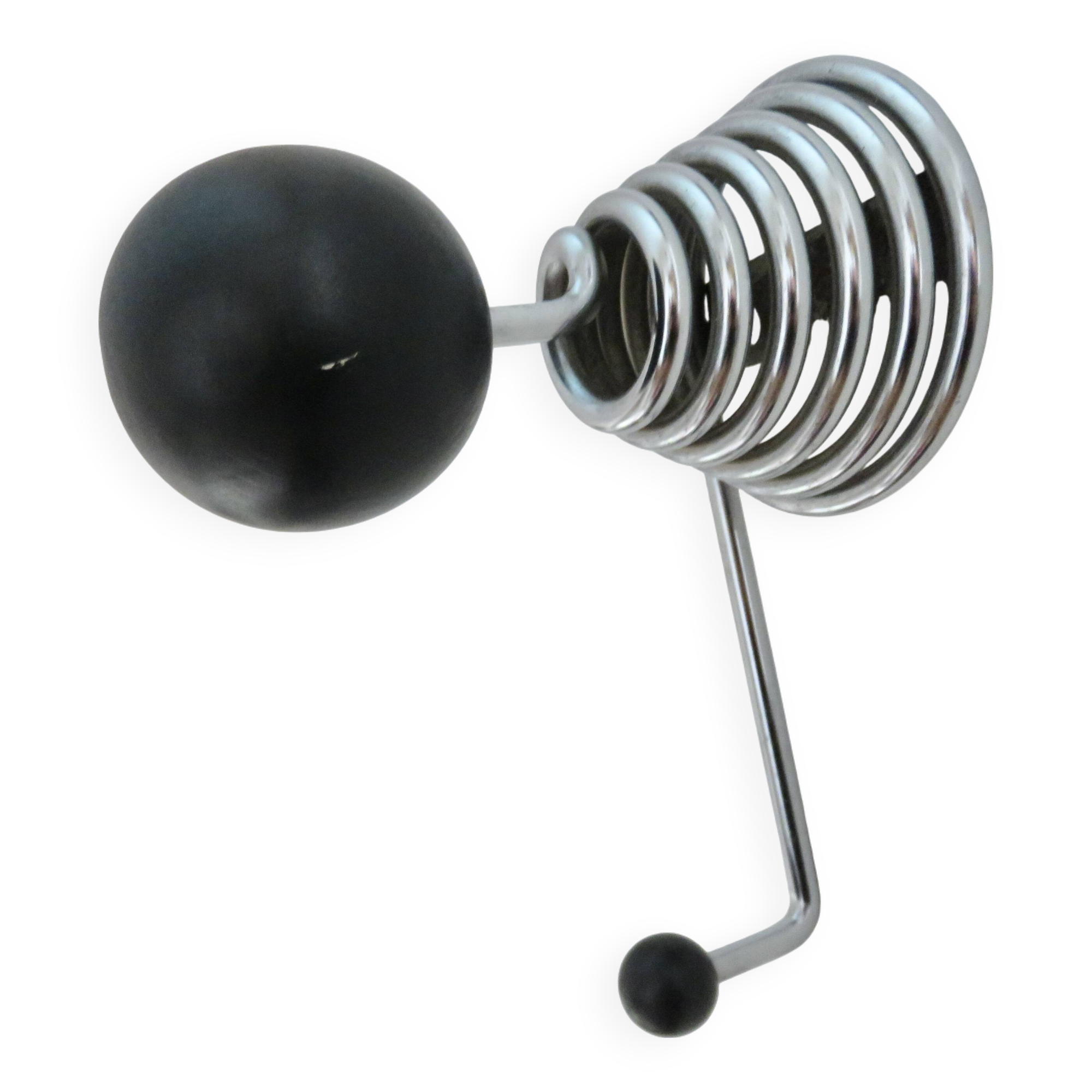 "Streamline" wall coat rack in chromed metal and black lacquered wood, 1970.