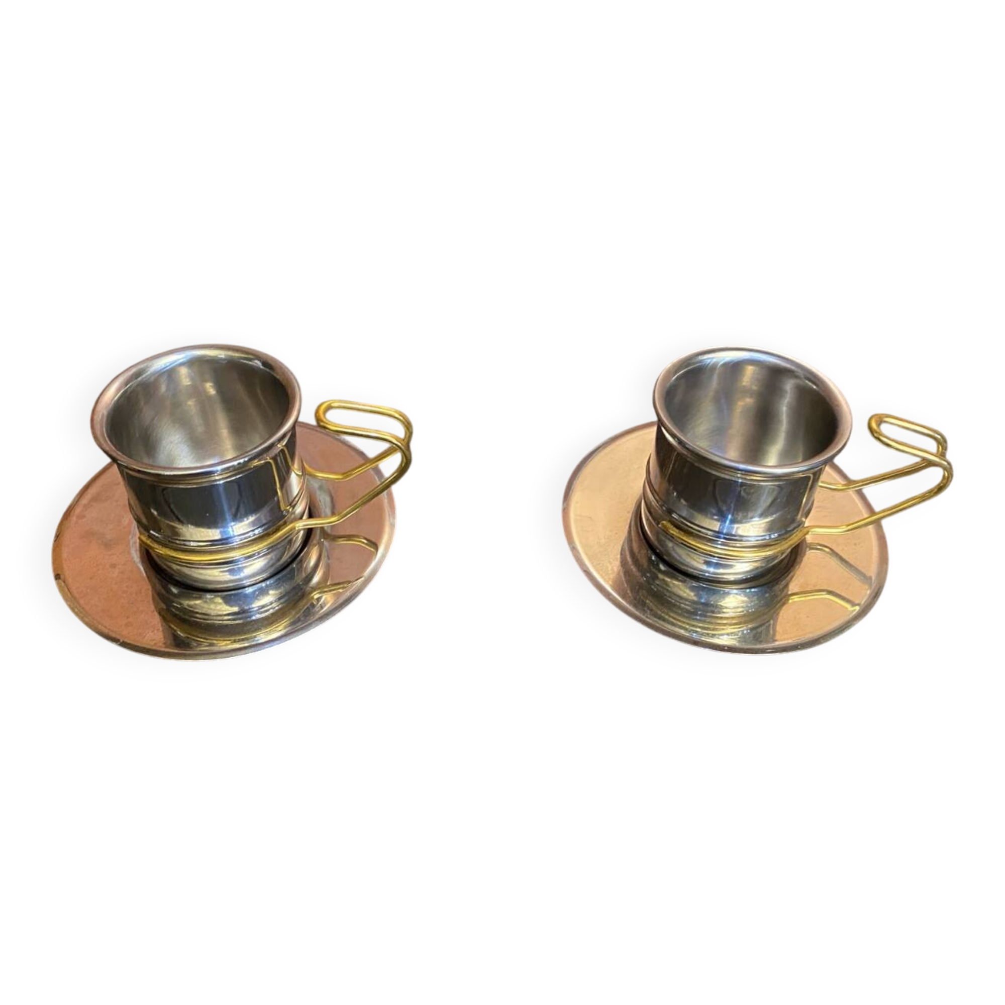 Old Pair of Stainless Steel Cup + Golden Metal Handle Made in ITALY Vintage #D46