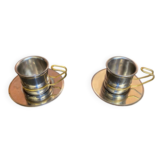 Old Pair of Stainless Steel Cup + Golden Metal Handle Made in ITALY Vintage #D46