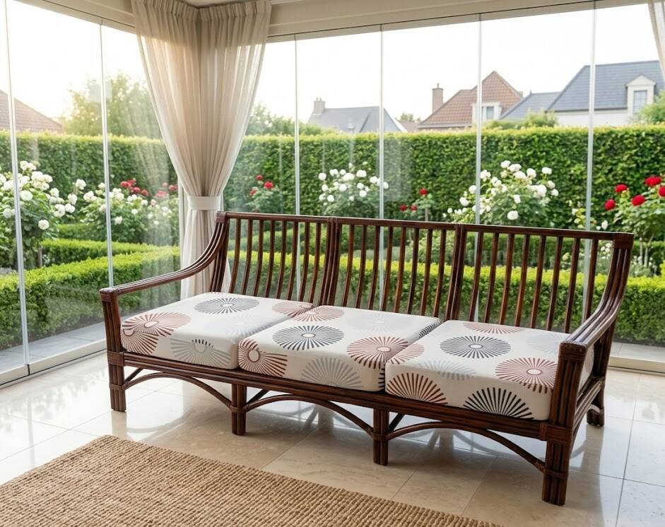 3-seater canapé MAUGRION – Rattan, leather ties – Vintage