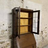 Oak display secretary cabinet, two-body furniture with drop-down front.