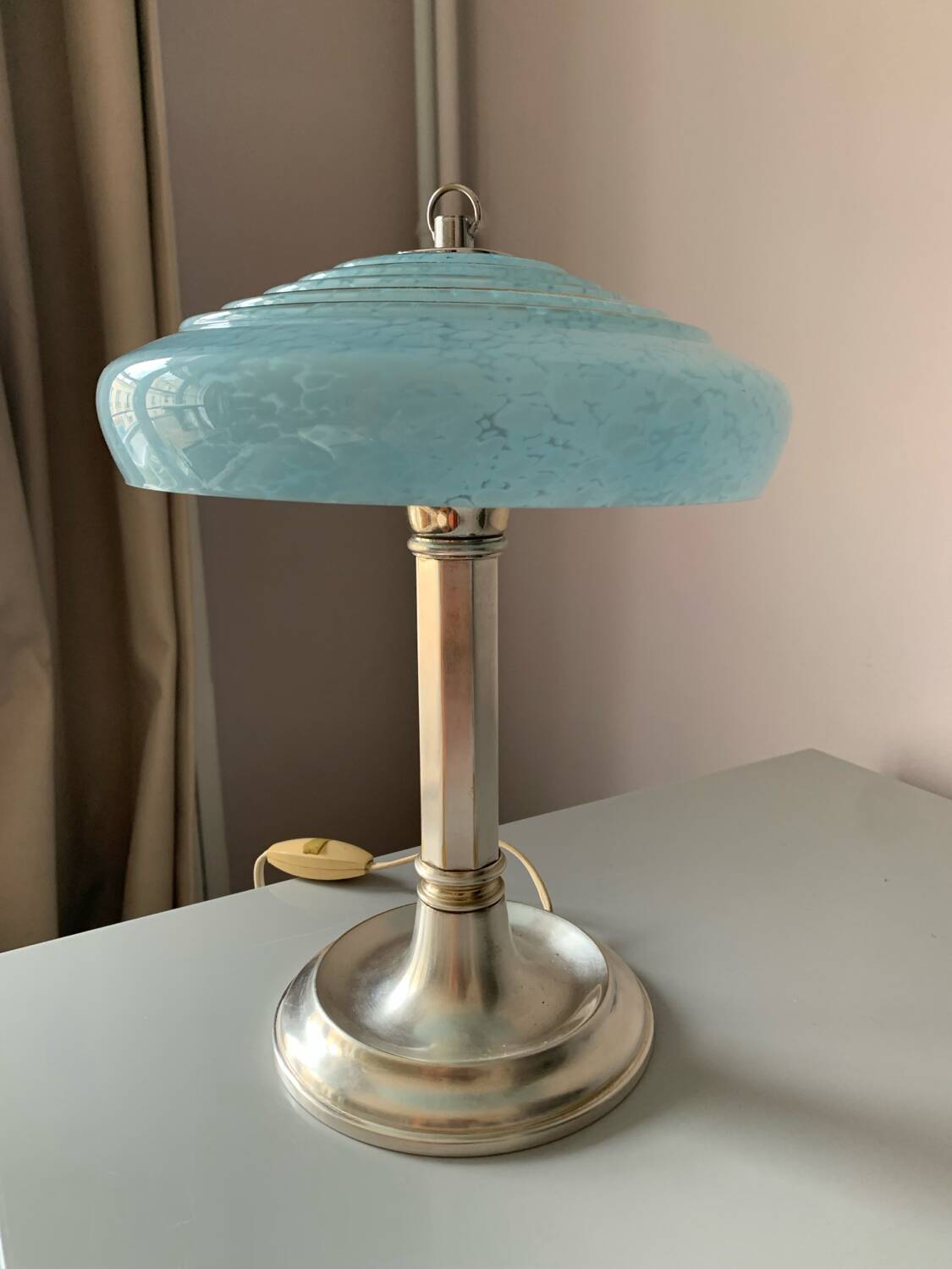 Antique table lamp with silver base and Clichy glass
