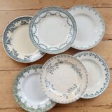 6 assiettes plates vintage terre de fer dépareillées – Tons bleus et verts