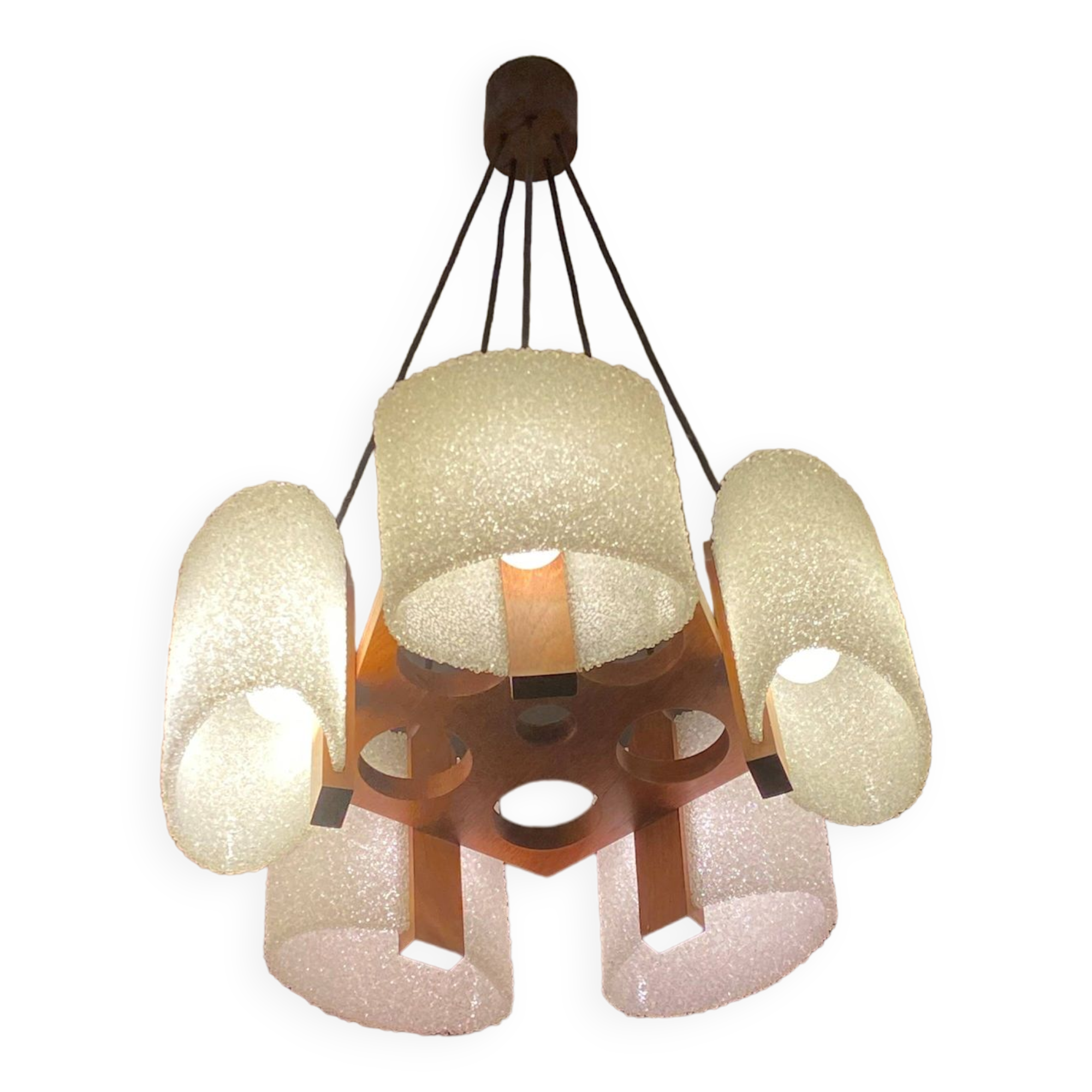 Celluloid Scandinavian teak pendant chandelier from the 60s