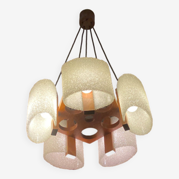 Celluloid Scandinavian teak pendant chandelier from the 60s