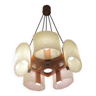 Celluloid Scandinavian teak pendant chandelier from the 60s