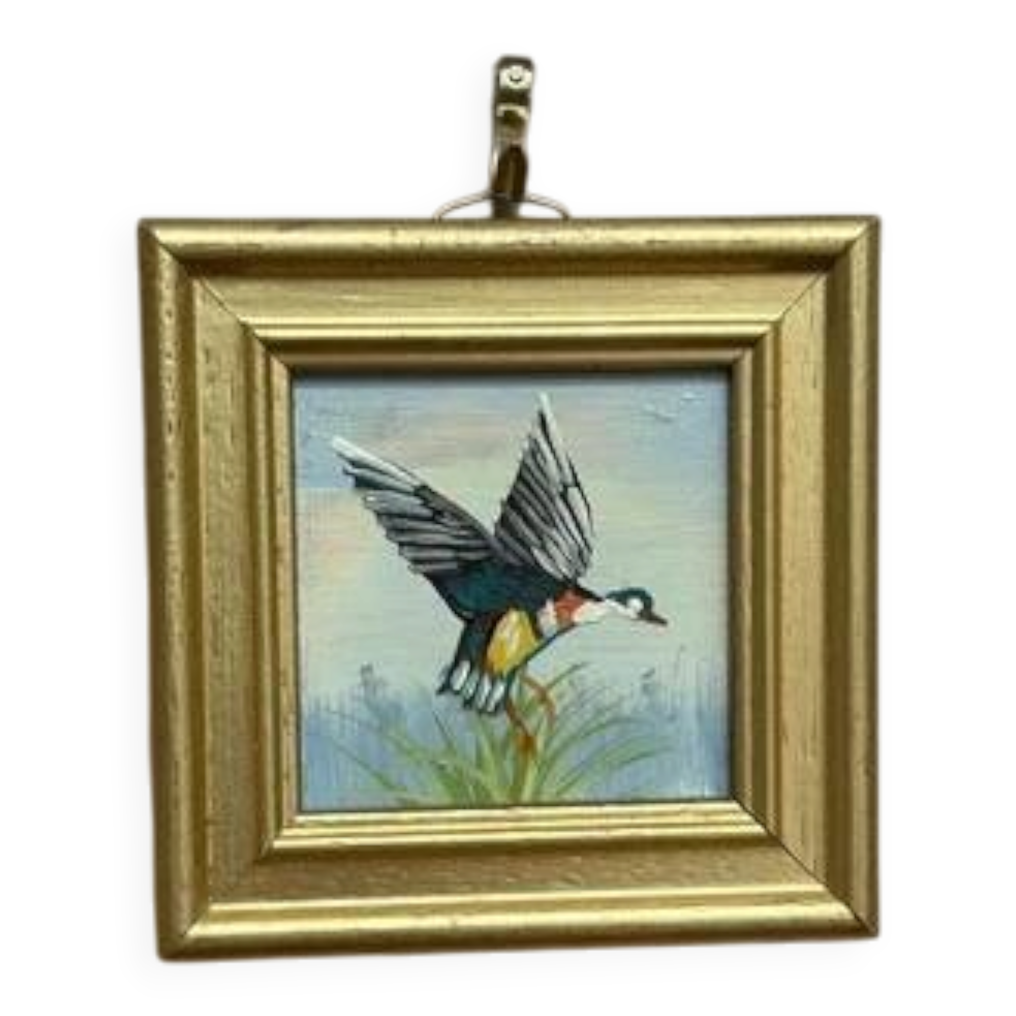 Mid-Century Oil on Panel – “ Birds” by Unknown, Vintage & Framed 11 × 11 cm