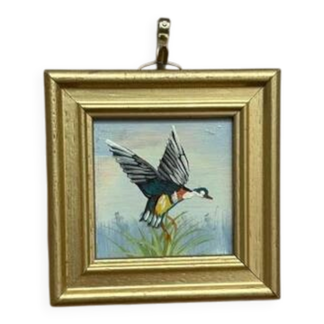 Huile sur panneau du milieu du siècle – « Oiseaux » par inconnu, vintage et encadrée 11 × 11 cm
