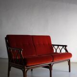 Red velour dark rattan 2-seater sofa | 1980s