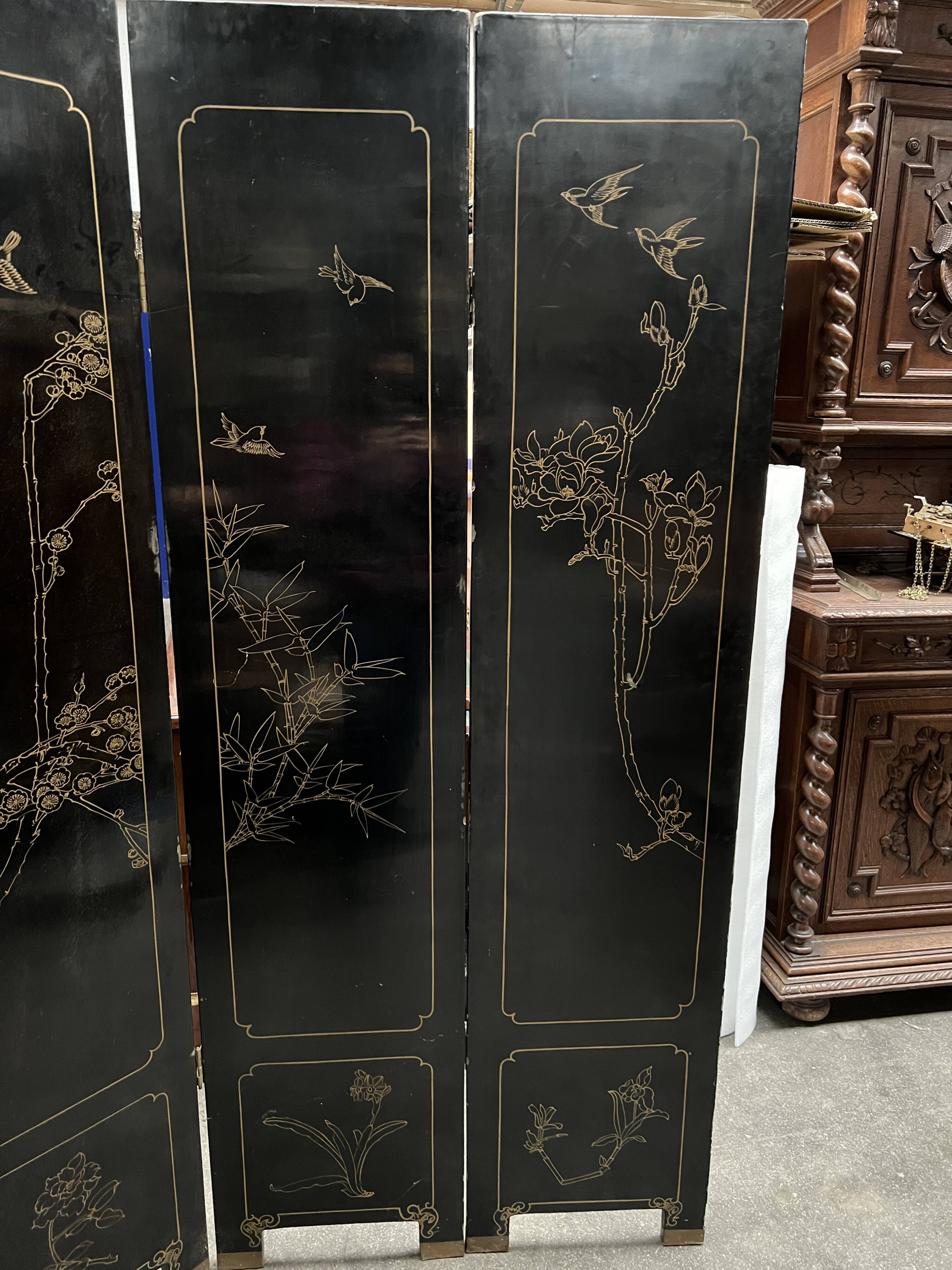 Antique Chinese bedroom screen, inlay of soapstone, jade, ivory, mother-of-pearl