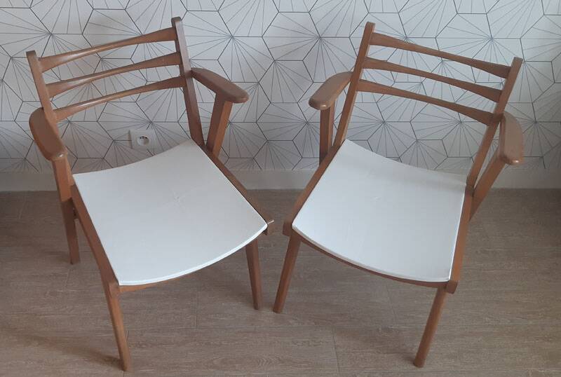 Pair of 1950s compass leg armchairs.