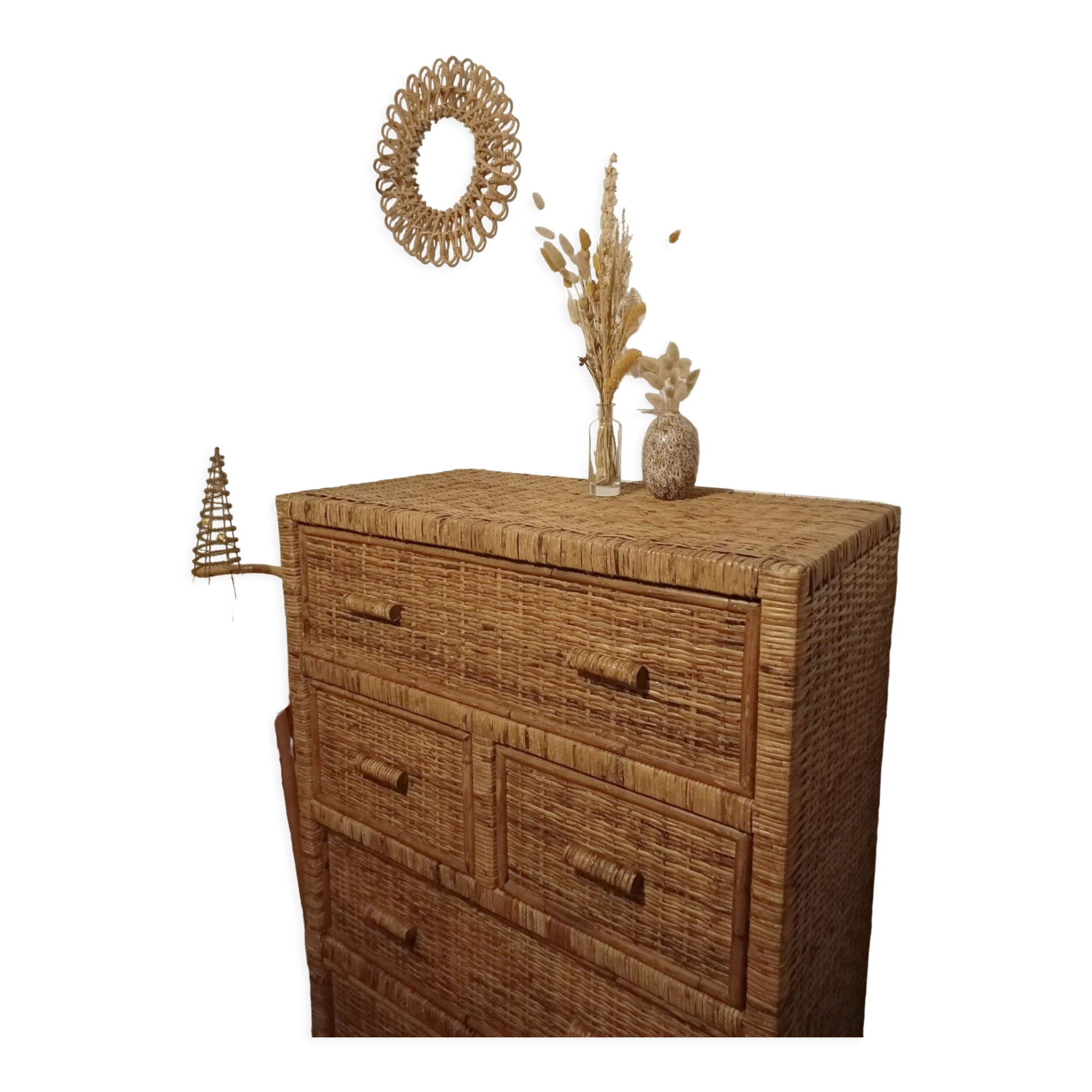 High wood and rattan chest of drawers