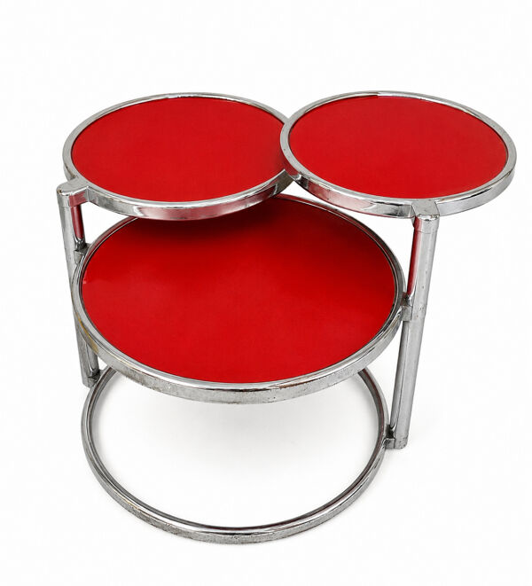 Table basse année 70 à trois niveaux en verre structure acier chromée