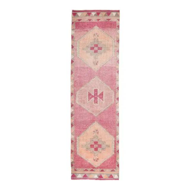 Vintage Turkish Hand-Knotted Wool Cotton Pink Runner Rug 96x365
